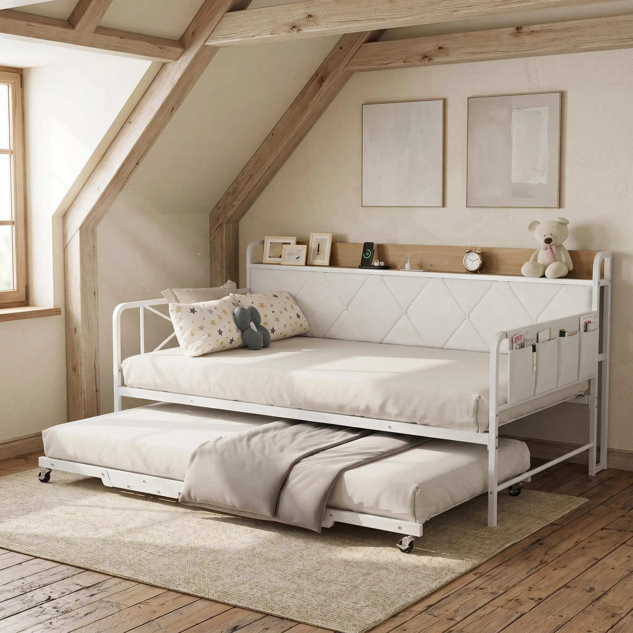 Twin Daybed with Trundle Pop Up, Upholstered Day Bed Frame with LED Lights & Charging Station, Metal Sofa Bed with Storage Headboard, Twin to King Expandable Guest Bed for Living Room Bedroom, White