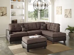 Poundex F6857 3 pc Martinique II Two Tone Chocolate Fabric & Faux Leather Sectional Sofa Set with Reversible Chaise Ottoman & Throw Pillows KD Ready Living Room Furniture