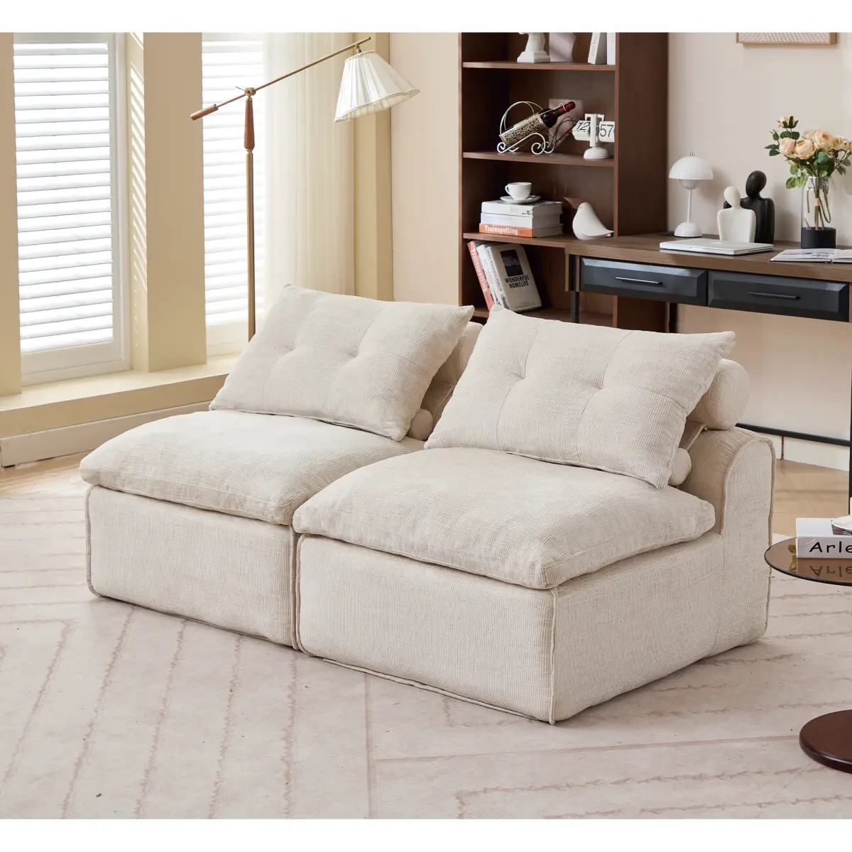 2 Seats Modular Sectional Couches with Neck Pillow & Backrest, Chenille Armless Upholstered Loveseat Sofa Chair for Living Room Apartment, At Will DIY (Beige)