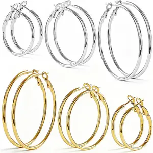 6 Pairs Silver Gold Hoop Earrings for Women - 14K Gold Plated 316 Stainless Steel, Hypoallergenic Lightweight 20/30/40/50/60/70mm Hoops Set