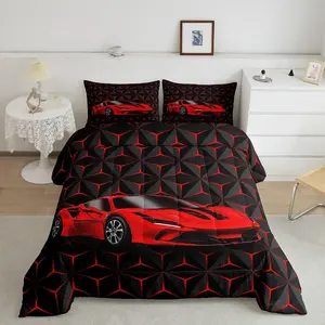 Red Race Car Comforter Set,Solid Geometric Bedding Set for Men Women Boys Girls,Extreme Sports Duvet Set, Soft Room Decor Bedroom Home Decor Quilt Set