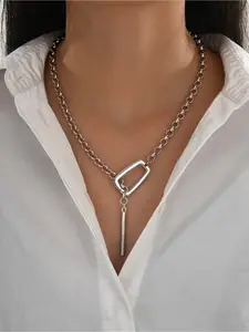 1pcs Geometric Clasp Y-Necklace Chunky Chain + Rectangular Ring + Long Drop Design Modern Versatile Accessories Suitable for Minimalist Office & Neutral Style Outfits Luxury High-End Niche Elegant Neckwear