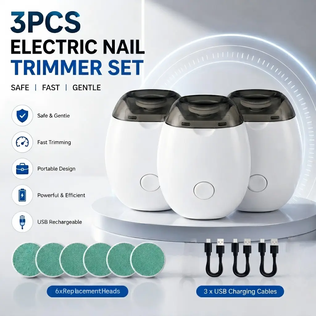 3pcs Upgraded 3-In-1 Electric Nail Clipper And Polisher, Automatic Nail Trimmer with LED Light, 3Speed, USB Rechargeable, for Whole Family