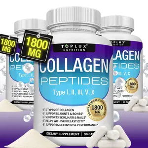 Multi Size Collagen Peptides 5 Types Complex 1800mg US Made Dietary Supplement for Health Beauty Fitness 90 Capsules Per Bottle