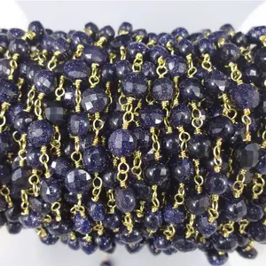 2FT 6MM Blue Gold Stone Faceted Disc Gold Colored Chain. Wire Wrapping Gemstone Chain. Non Tarnish Sterling Plating Wire