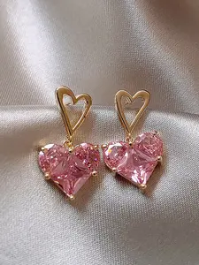 Shiny Crystal Glass Earrings, Heart-Shaped Women's Necklace, Fashionable Luxury Accessory, Versatile Peach Heart Pendant Jewelry, Stud Earrings Jewelry