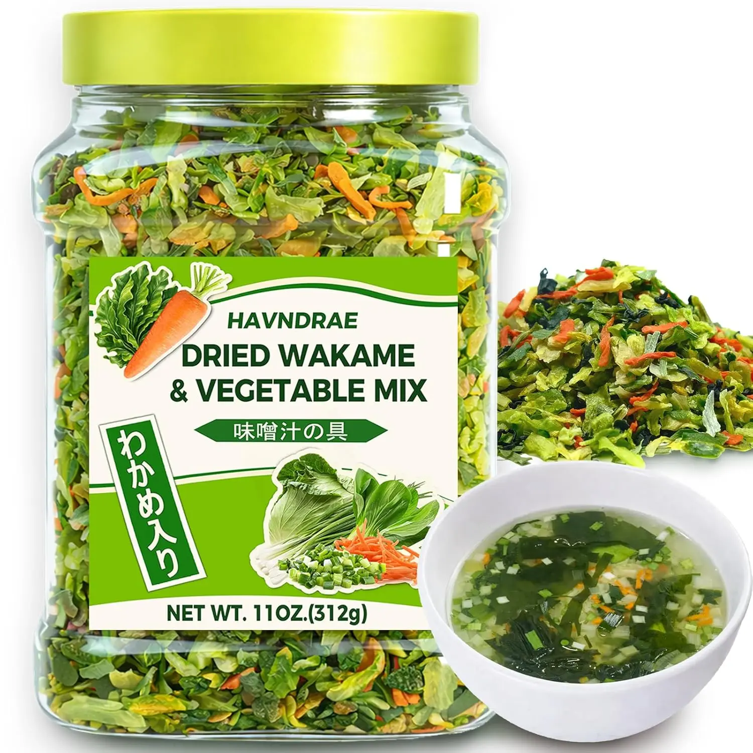 11 oz Dried Wakame Seaweed & Vegetable Mix for Miso Soup, Japanese Dehydrated Vegetable Toppings with Cabbage, Carrot Shreds, Bok Choy & Chives for Ramen Toppings, Udon, Noodle Bowls & Soups