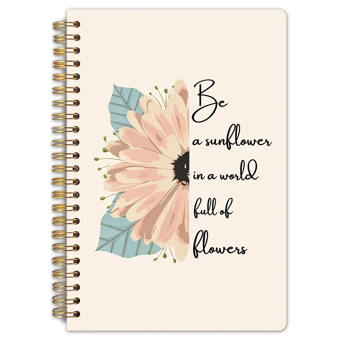 1. This "Sunflower" notebook - a spiral-bound horizontal lined diary with pink flowers, measuring 5.5 inches by 8.3 inches, is compact and portable. It is suitable for office use, keeping logs, and is well-bound, making it an excellent gift item.
