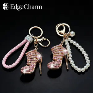 New Braided Leather Strap Rhinestone High Heel Keychain, Sparkling Alloy Shoe Car Key Ring, Creative Cross-Border Bag Pendant Charm, Fashion Accessory for Women & Girls