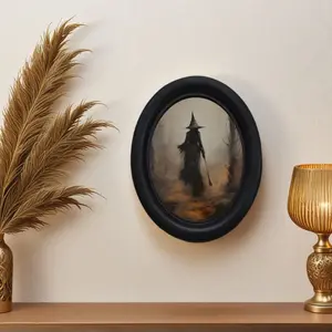Vintage Halloween Witch Wall Art Decor, Handmade Oval Wooden Decoration, Forest Scene Painting, Perfect for Holiday Home Decor