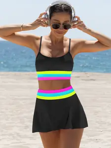 Popvil Beach Ball & Kayaking 3 Pieces Bikini Set,  High Waisted, Tummy Control, Neon Patchwork Swimsuit with Skirt, Sporty Swimsuits