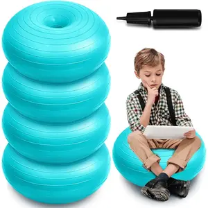 4 Pcs 20 Inch Blue Flexible Seating for Elementary Classroom, Inflatable Donut Yoga Ball Chair with Inflator for Kids Students Sensory Balance, Office Home Exercise