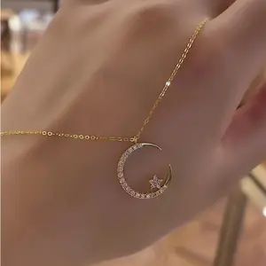 Plated Dainty Crescent Moon Star Pendant Necklace | Cubic Zirconia Encrusted Celestial Jewelry | Delicate Chain for Women & Teen Girls | Perfect for Birthday, Valentine's Day & Everyday Wear | Hypoallergenic, Lightweight | Trendy Minimalist Fashion