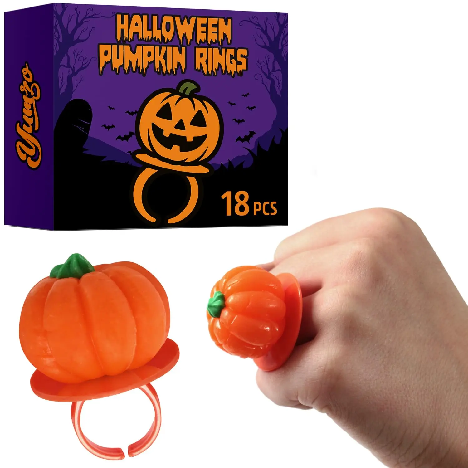 Halloween Candy Ring Pops, 18 Pieces of Halloween Hard Candy Individually Wrapped, Perfect Pumpkin Suckers for Trick or Treaters and Party Favors, Ideal Candy Rings for Sharing and Snacking