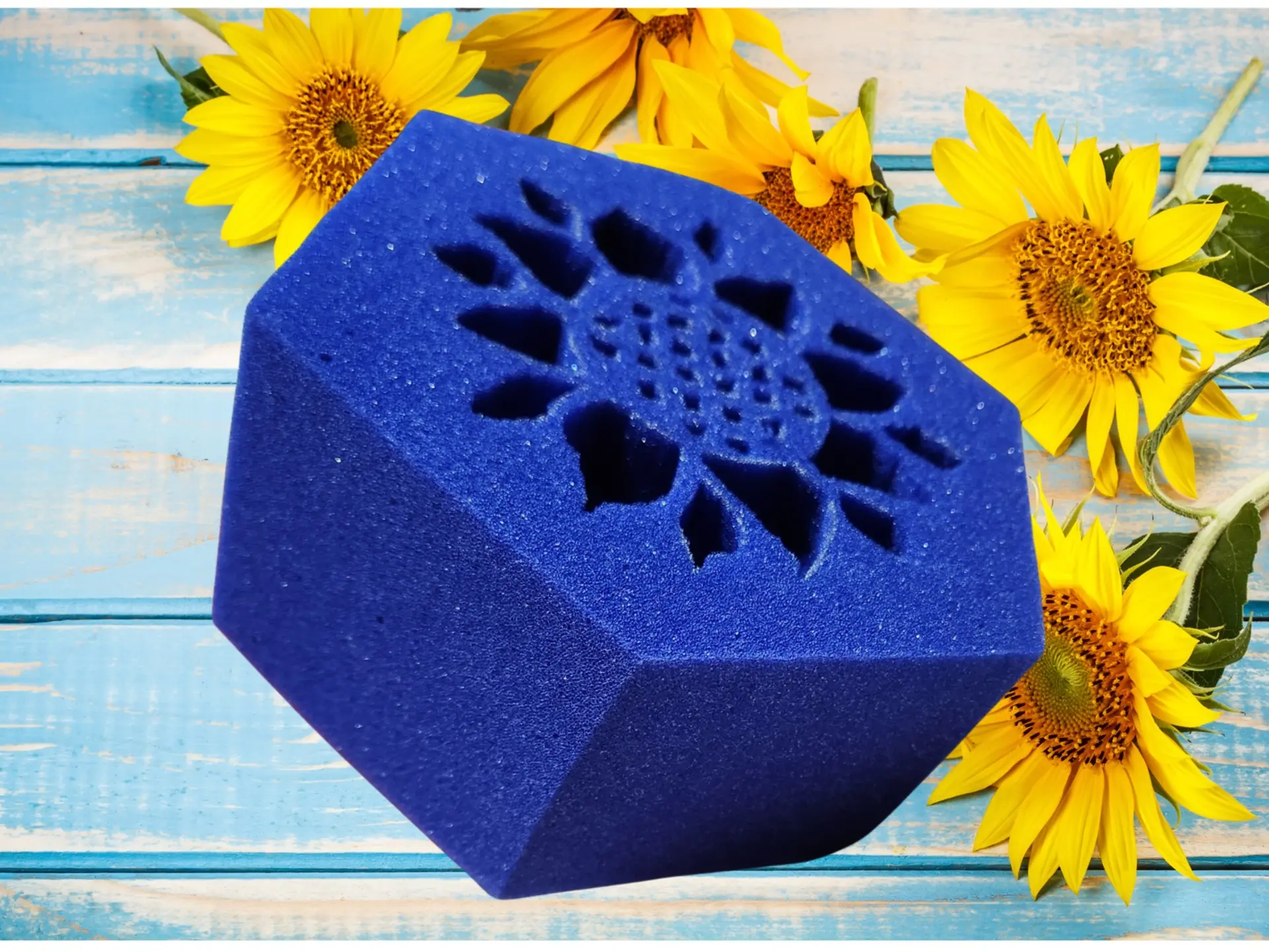 USA-Made Hand-Carved Blue Sunflower Hexagonal Thickened Soft Sponge (7x3 in) - ASMR Squeeze Suds Foam Scrubbing Pad, CleanTok Home Care Scrubber, Relaxation Gift, Hand-Friendly Fit
