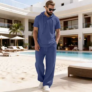 Men's Cotton Linen 2-Piece Outfit, Short Sleeve Hoodie Top & Wide Leg Pants Set, Casual Summer Beach Tracksuit