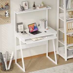 2 Tiers Small Computer Desk for Small Space, Compact Laptop Table Workstation with Keyboard Tray, Study PC Table for Home Office