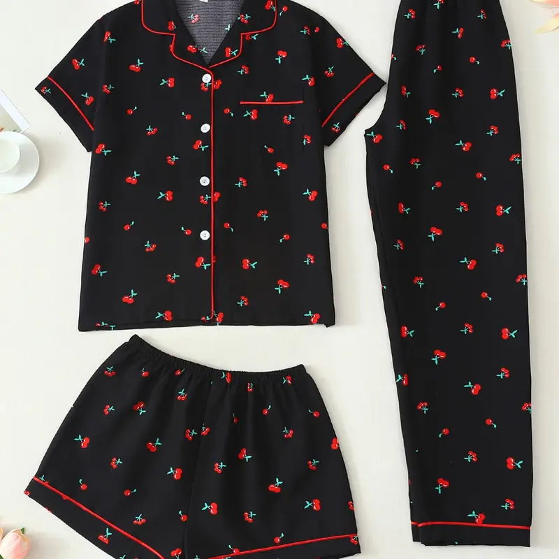 Three Piece Women's Pajama Set, Short Sleeve Open Front Top + Shorts + Long Pants, Striped Heart Pattern, Casual Fitted Sleepwear