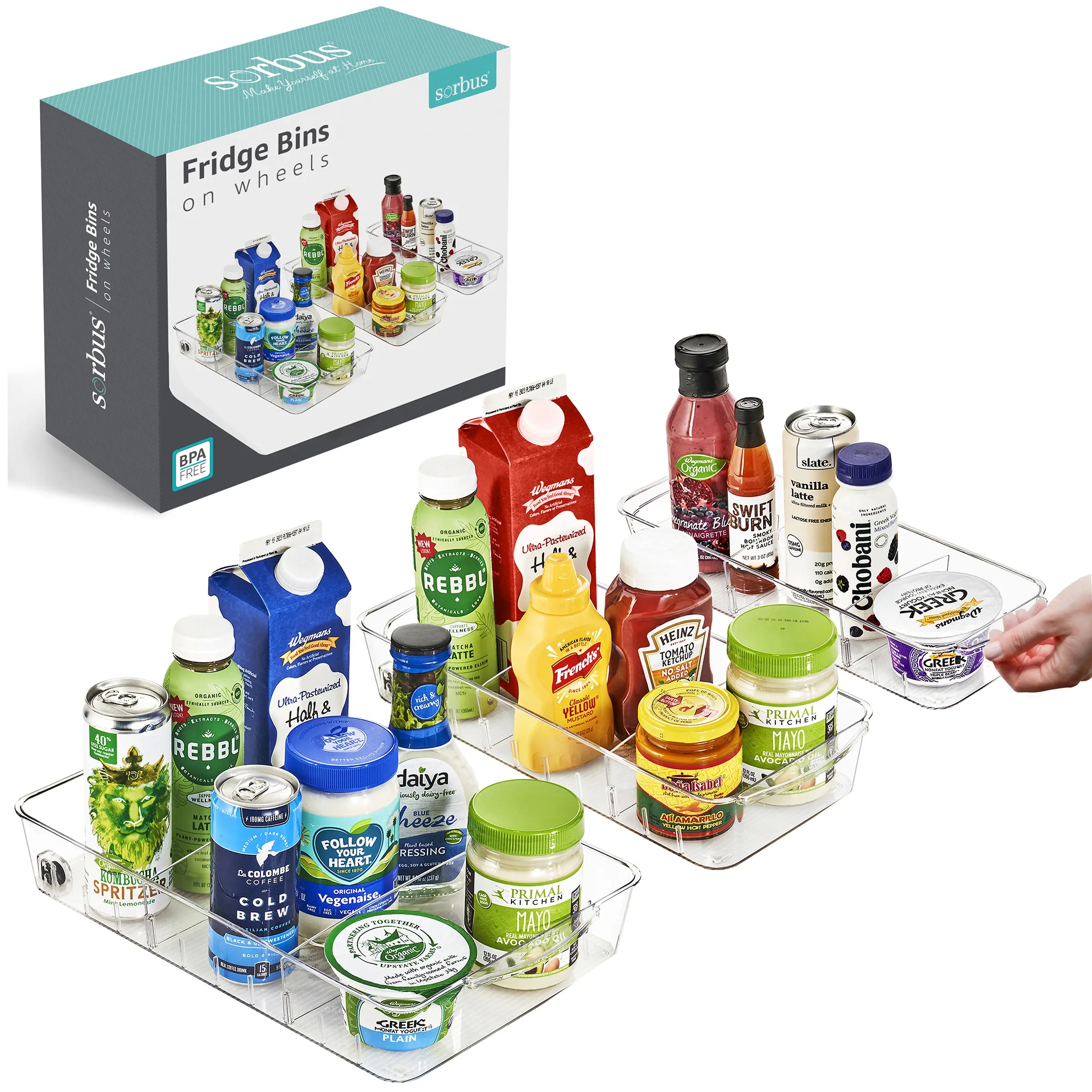 Sorbus Plastic Fridge & Kitchen Organizer Bin with Wheels, Rolling Storage Boxes with Dividers & Handles, Pantry Organizer