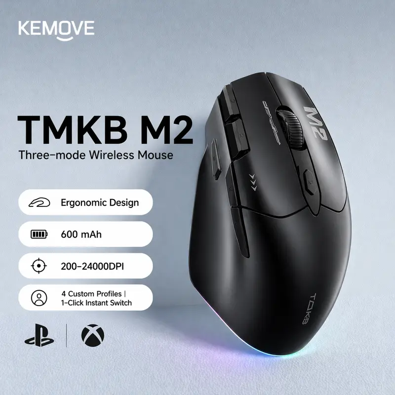 [SALE] KEMOVE×TMKB M2 Ergonomic Gaming Mouse - Wired/BT/2.4G Connectivity, RGB Lights, 24000DPI Adjustable Speed, 9 Programmable Buttons, Software-Supported, Ultra-Wide Design, 1-Click Full Setting Switch, 600mAh Battery for PC/Laptop Gamers