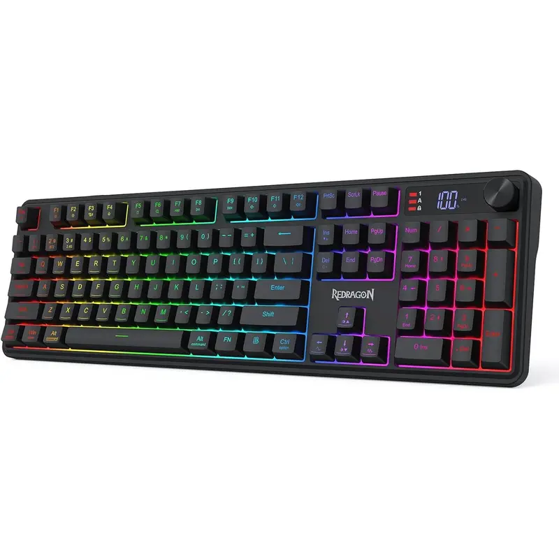 Redragon K526 PRO RGB Wireless Membrane Gaming Keyboard for PC, 104-Keys Mechanical-Feel Keyboard with Built-in LED Battery Info, Charge Status LED, Media/Backlit Knob Control, Smooth Linear Switch & Software Support (PC Accessories)