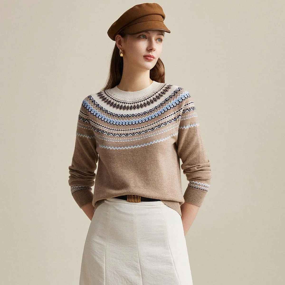 COMOBOCA Women's 100% Pure Wool Fair Isle Knit Sweater - Fitted Long Sleeve Crew Neck Ribbed Cuff Pullover, Elegant Casual Knitting Top, 12 Gg, Cold Wash, Hand Wash Only, Medium Cut, Flat Dry