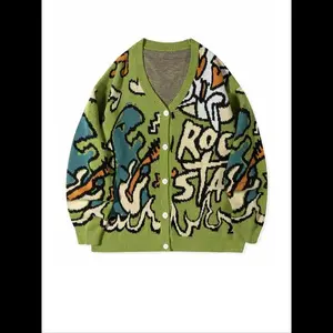 Men's Letter & Dinosaur Print Drop Shoulder Cardigan, Loose Casual Long Sleeve V Neck Button Front Knitwear for Fall & Winter, Men's Knit Clothing for Daily Wear