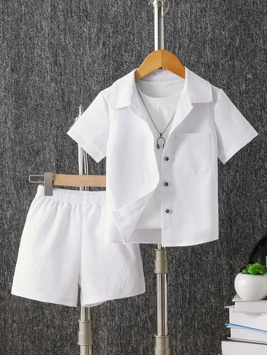 2pcs Young Boy Summer Casual Solid Color Polo Shirt And Shorts Set, Suitable For Summer Vacation Outfit,Fall Clothes White Tops Holiday Outfits