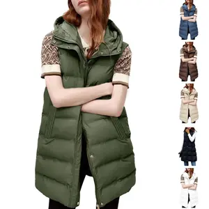 JovenPara Women's Long Puffer Vest Cotton Sleeveless Puffy Jacket with Removable Hood