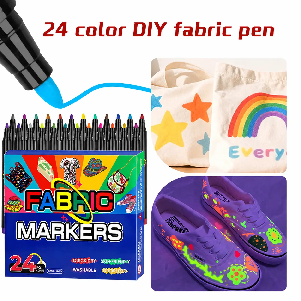 24-Color Permanent Fabric Markers – Acrylic Paint Pens for Clothes, Shoes, Bags & Canvas, Includes 4 UV Fluorescent Colors, Washable, Waterproof, Smudge-Proof & Fade-Resistant Fabric Dye Pens for DIY Crafts, Gifts for Teens, Adults, Children