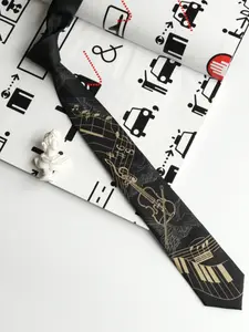 Premium 2400 Needle Jacquard Skinny Tie, Unique Violin & Piano Pattern Embroidered, Artistic Necktie for Music Lover, Musical Notes, Gift Box included, Designer Tie, Unisex Tie