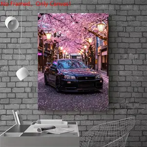 1 Piece/Set frameless canvas painting print poster,Luxury sports car art ，Car GTR R34 with Cherry Blossoms， a perfect gift for cars loves, ideal gift for bedroom, living room, dorm hallway, kitchen, mural, wall decoration, room decor