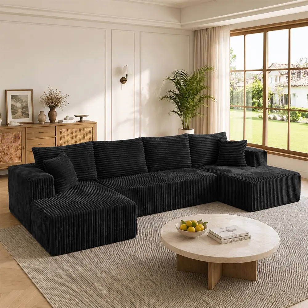 127.1'' U-Shaped Modular Sectional Sofa, Vacuum Compressed No Assembly Corduroy Block Couch, Multi Free Combination Layout For Apartment Studio Rental Large Living Room