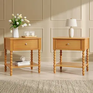 AMERLIFE 1PC/2PCS Solid Wood Nightstand with Turned Legs, Vintage Wide Bedside Table with Drawer & Open Shelf, Modern Accent & Walnut Night Stands, Wooden End Table for Bedroom/Living Room
