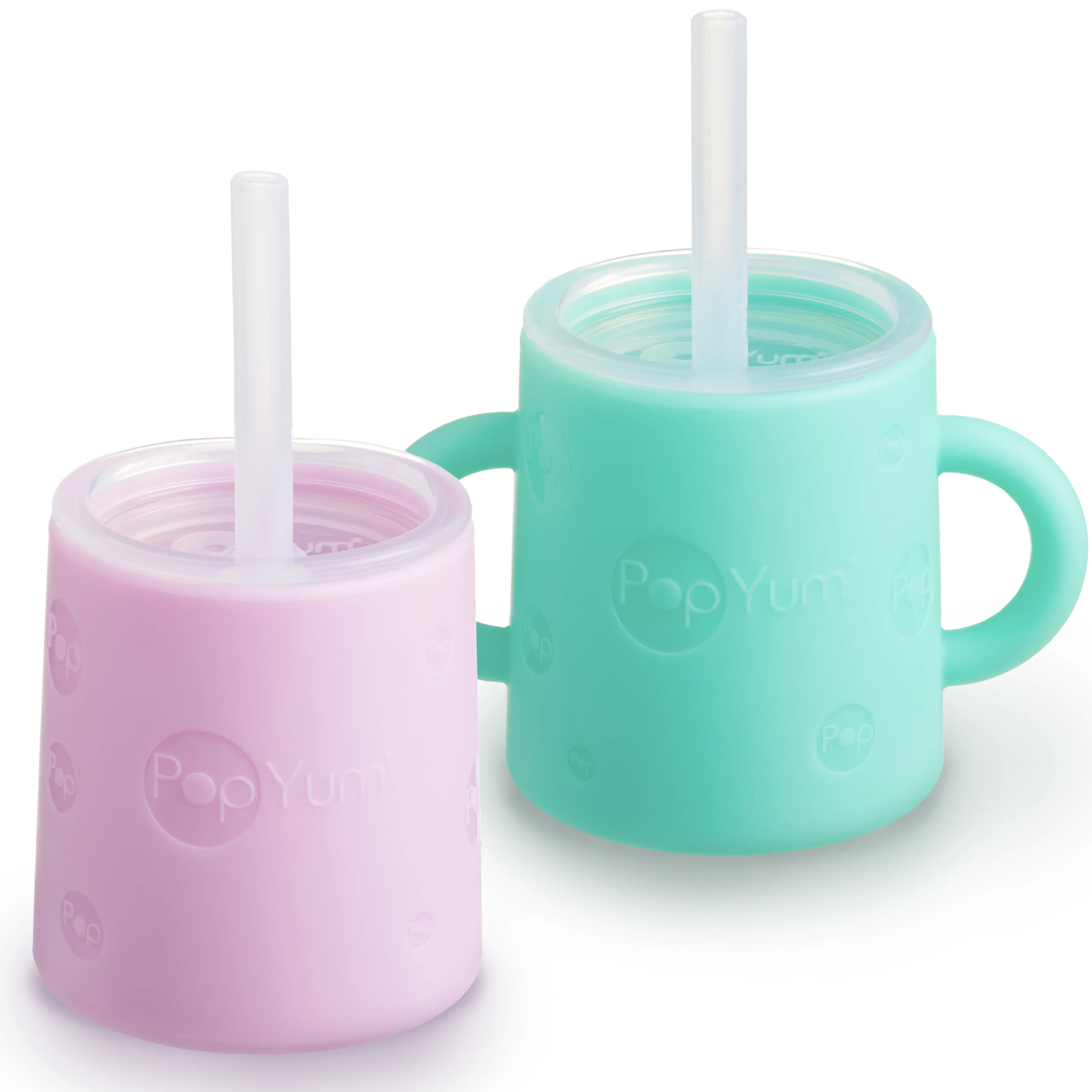 PopYum Silicone Training Cup with Straw and Lid, 2-Pack for Baby and Toddler, Tumbler, Sippy, handles, 5 ounce (green and pink)