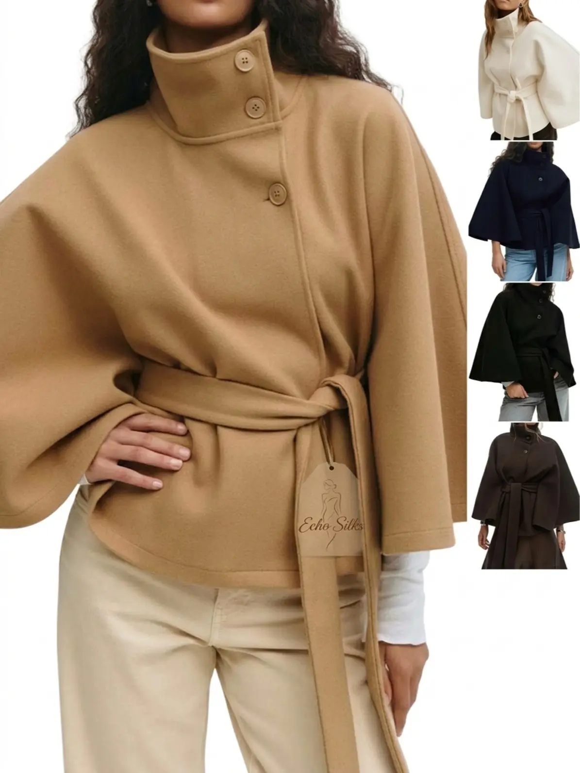 Women’s Camel Cape Coat, High Neck Button Front Poncho Jacket with Waist Belt, Elegant Long Sleeve Winter Outerwear
