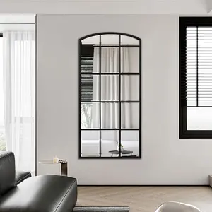 Black Window Mirrors for Wall Decor, Farmhouse Arched Mirror, Full-Length Mirror, Decorative Mirror for Living Room, Entryway, Hallway, Fireplace, 48“X24”