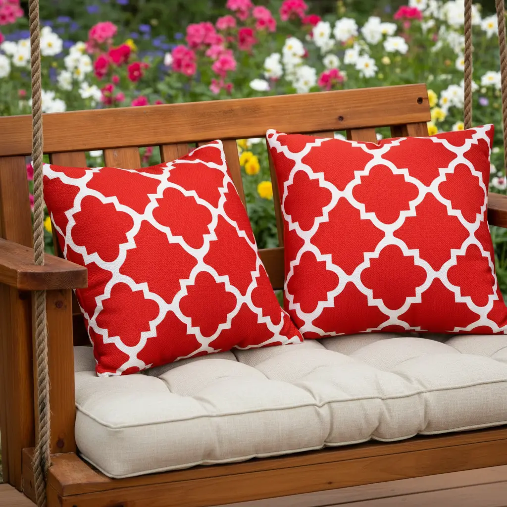 18x18 in. Waterproof Red Plaid Color-Embedded Fabric Outdoor Throw Pillows Set of 2 - Weather-Ready, Fade-Resistant, Shape-Holding Plush Fill Cushions for Outdoor Seating, Balcony Decor (Maintains Shape Without Flattening), Color Embedded In Fabric