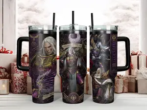Warhammer 40K Fulgrim Primarch of the Emperor's Children 40oz Insulated Stainless Steel Tumbler - Epic Chaos Space Marine & Daemon Prince Art Travel Mug with Handle & Straw - Perfect Grimdark Gift for Tabletop Gamers