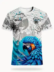 3D Brazilian Men's Soccer Jersey, Rio De Janeiro Style Breathable Round Neck, Parrot Print, Lightweight Sweat-Wicking, Summer Party