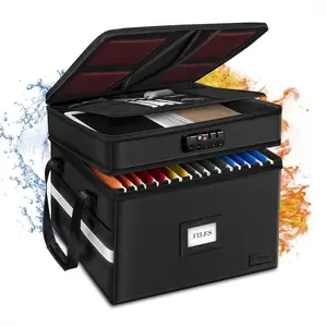 Fireproof Document Box With Lock, 2-Layer File Cabinet Organizer With 5 Tab Inserts, Portable Office Collapsible File Storage With Reflective Strip For Hanging Letter and Legal Size Folder