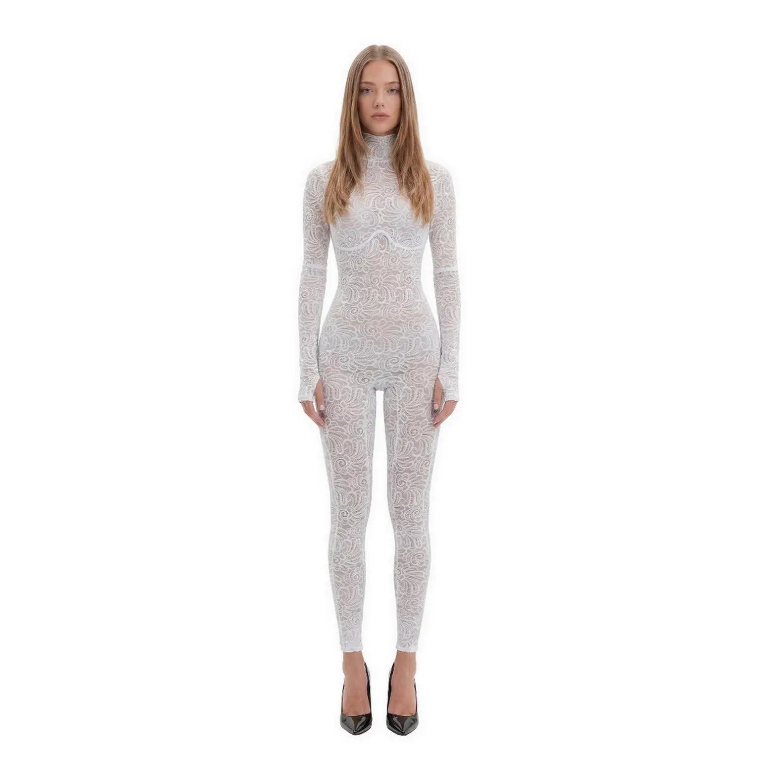 White Floral Lace Sheer Long Sleeve Turtleneck Full Bodysuit