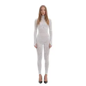 White Floral Lace Sheer Long Sleeve Turtleneck Full Bodysuit
