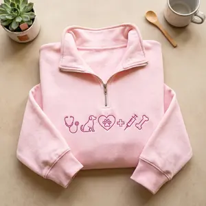 [MADE IN US] Embroidered Vet Life Dog Paw Heart Quarter Zip Sweatshirt: Stethoscope Syringe Bone