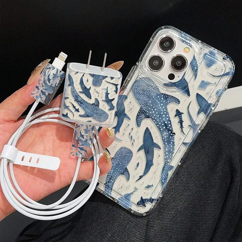 5-Piece iPhone Casing Set, Mobile Phone Accessories with Clear Airbag Whale Shark Full-Screen Protector Case, 2 Cable Holder Cases, Silicone Cable Tie, Compatible with iPhone 11 to 15 Series Handheld Smartphone Cover, Protection, Cable Holders