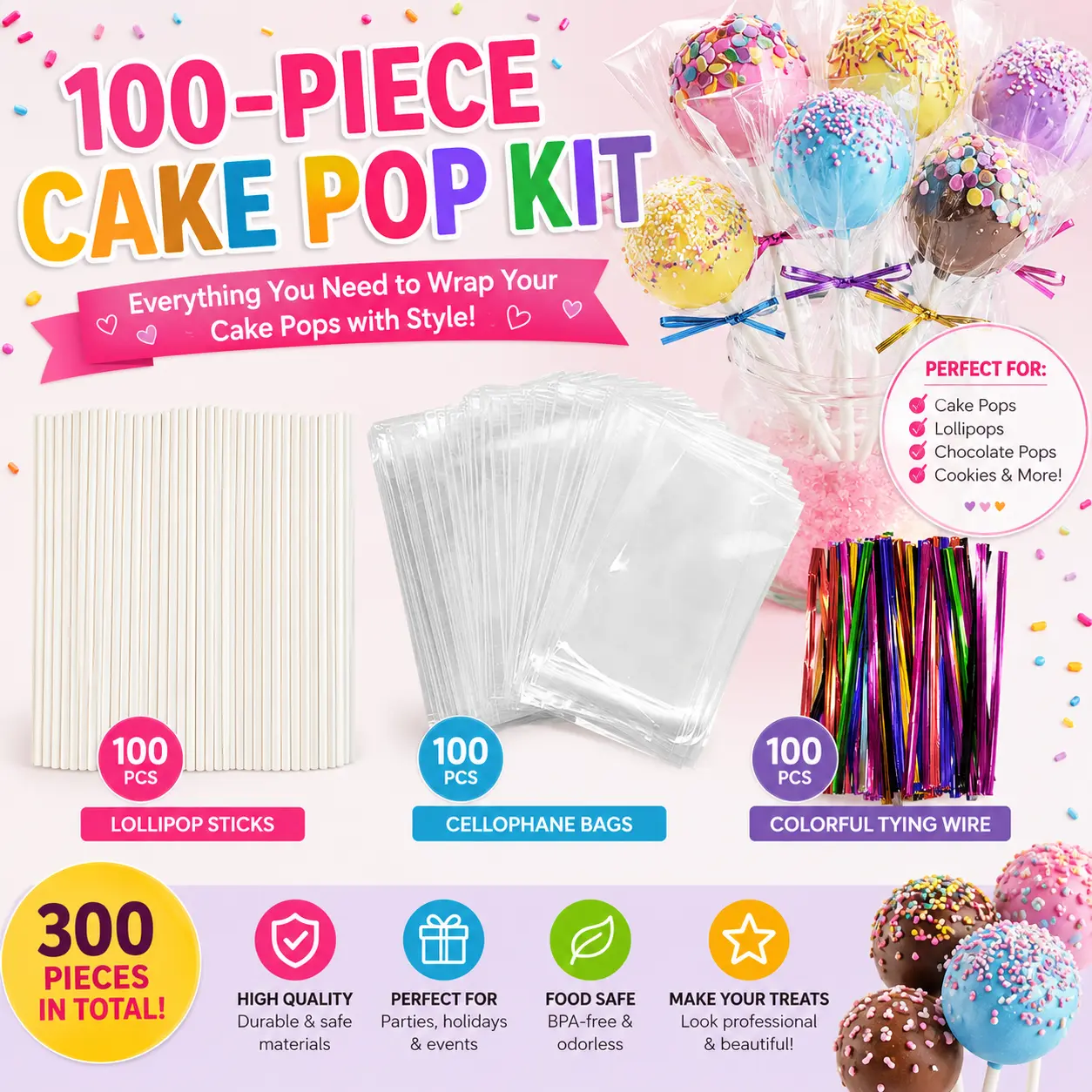 100-Piece Cake Pop Kit: Lollipop Sticks, Cellophane Bags & Colorful Tying Wire for Candy and Cookie Packaging Cake Decorating Supplies Decorations Supplies
