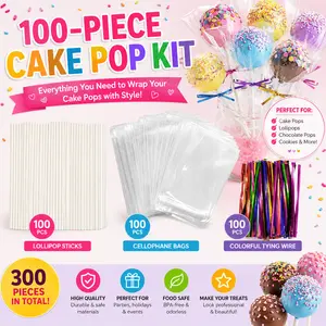 100-Piece Cake Pop Kit: Lollipop Sticks, Cellophane Bags & Colorful Tying Wire for Candy and Cookie Packaging