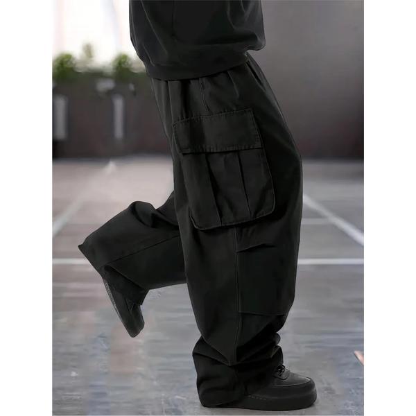 Men's Black Oversized Cargo Pants, Techwear Baggy Multi-Pocket Streetwear Trousers