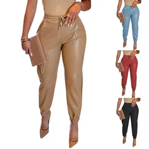 Drawstring Pocket PU Leather Casual Fashion Jogger Leather Pants Long Pants for Women