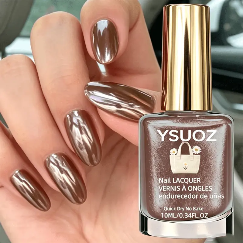 New brown mirror-finish nail polish featuring a natural, quick-drying formula and a metallic effect that brightens the nails; suitable for manicures and pedicures in spring and summer, as well as for parties and holiday gifts.